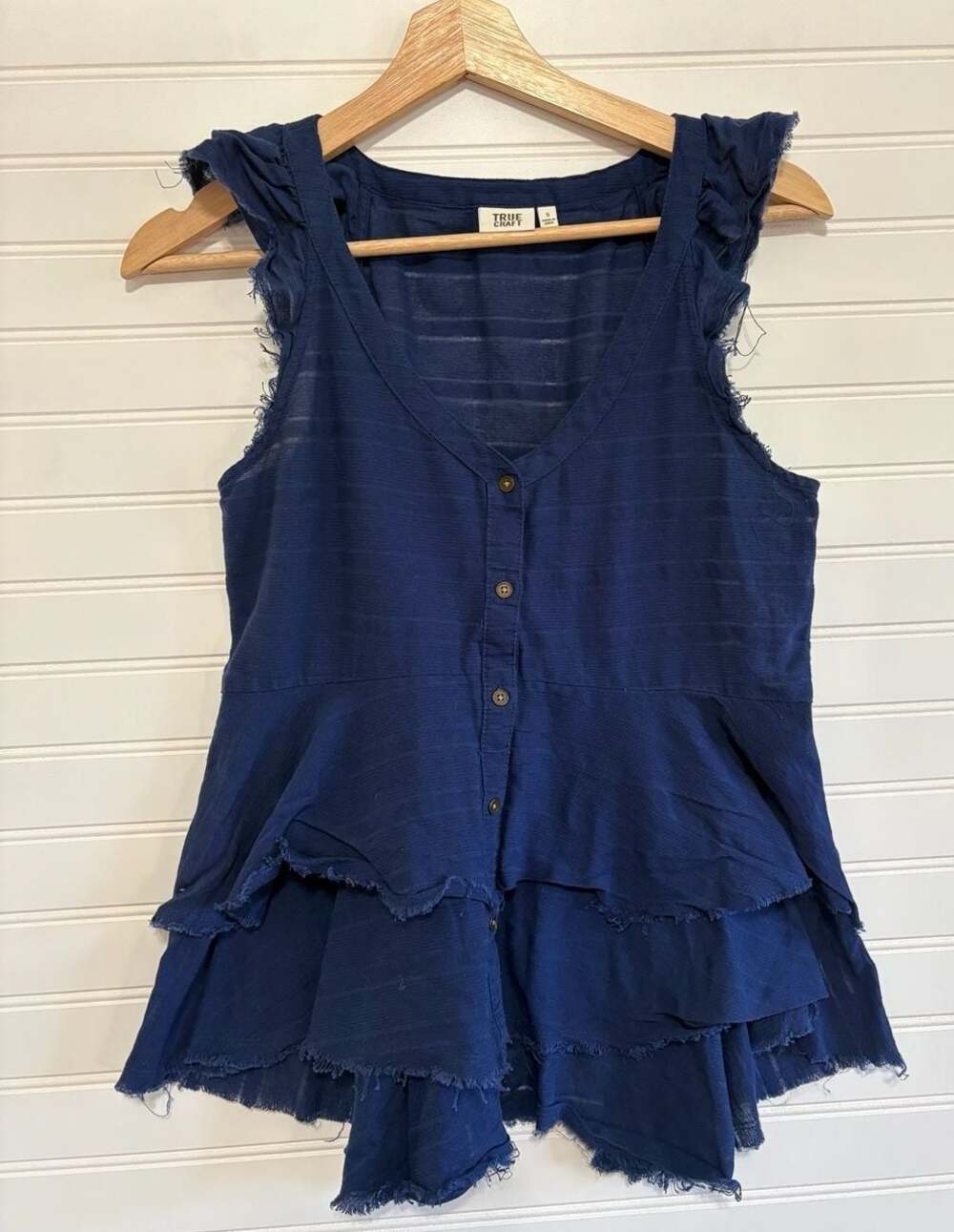 True Craft Navy Blue Ruffled Sleeveless Button Front Babydoll Top